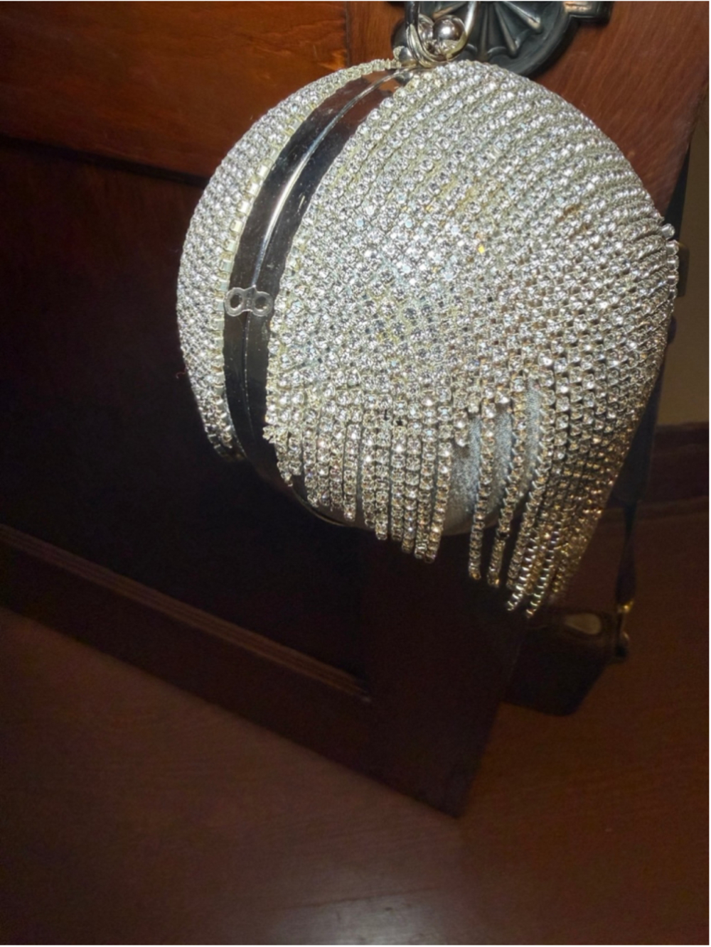 silver rhinestone fringe sphere clutch bag. Great for holiday parties - Picture 2 of 3